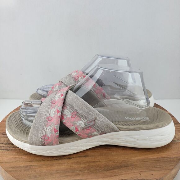Skechers W10 Grey Pink Floral GogaMax Slide Open Toe Sandals 15306 - Picture 1 of 7